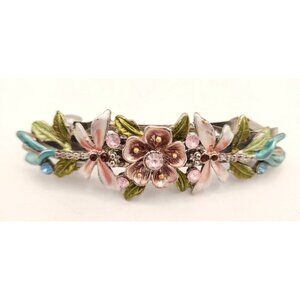 Vintage Floral  dragonfly Enamel Hair Barrette With Rhinestones & Leaf Accents